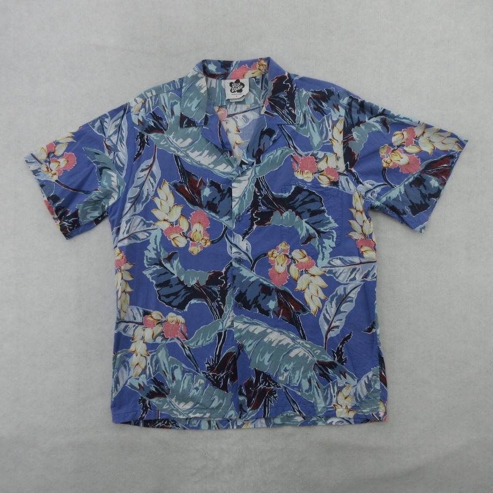 Hilo Hattie Hawaiian Shirt Mens Large Blue Floral Rayon Aloha Tropical Button Up